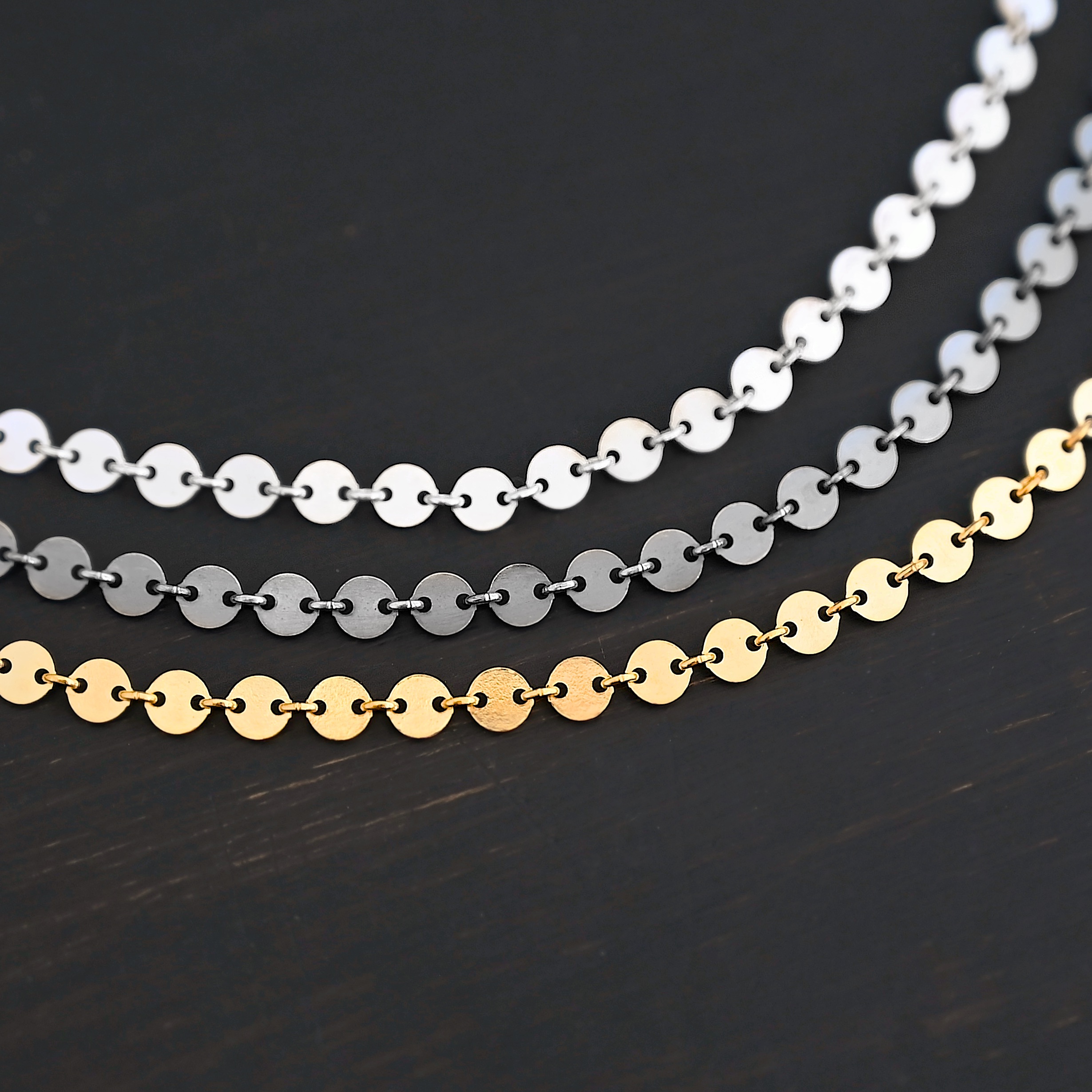 Gypsy Coin Chain - shiny sterling silver, oxidized sterling silver, & 14k gold filled - shown on dark background