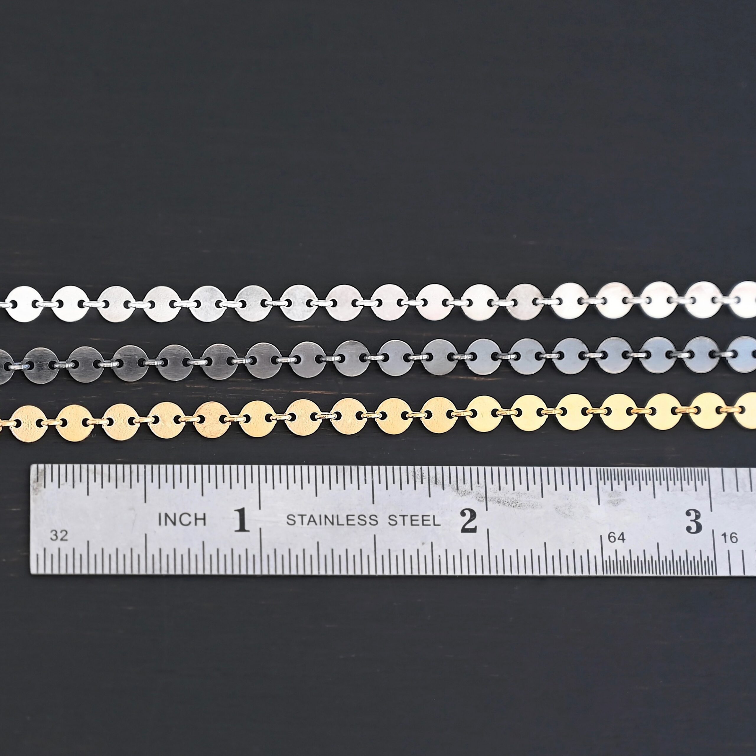 Gypsy Coin Chain - shiny sterling silver, oxidized sterling silver, & 14k gold filled - shown by ruler