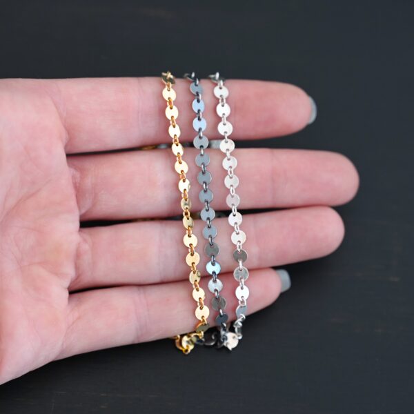 Gypsy Coin Chain - shiny sterling silver, oxidized sterling silver, & 14k gold filled - shown in hand