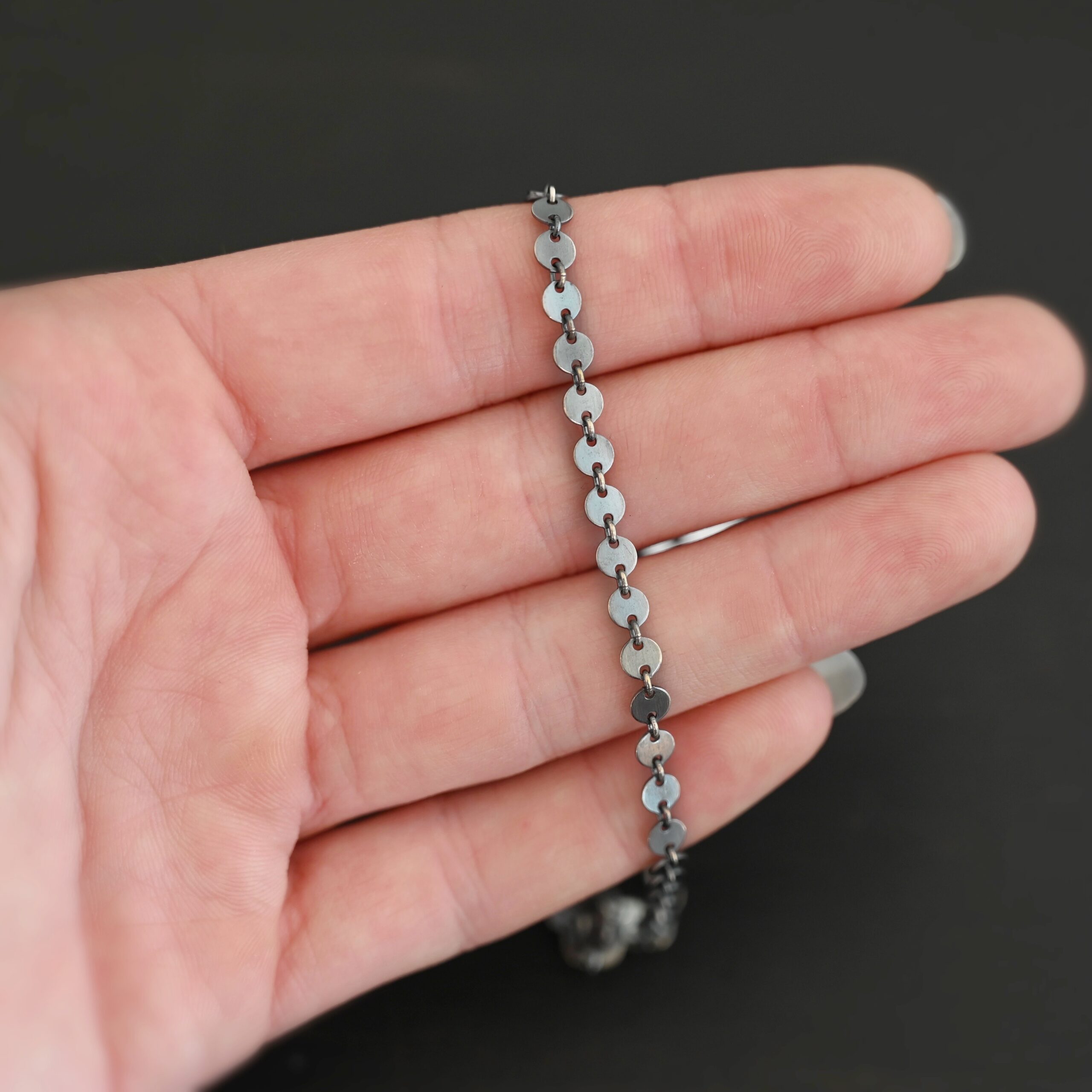 Sterling Silver Gypsy Coin Chain - oxidized shown in hand