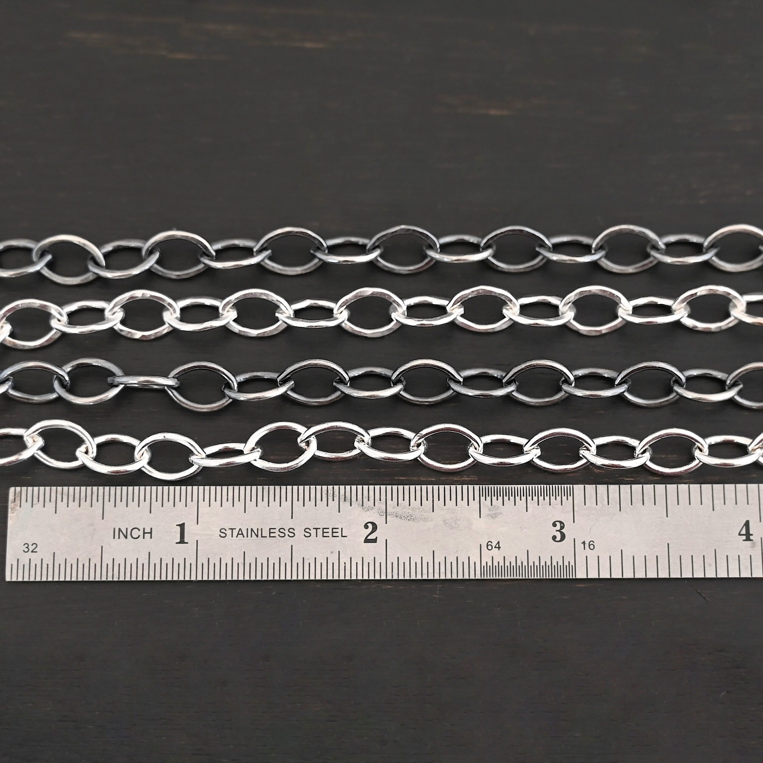 Sterling Silver Sky Chain - shiny & oxidized hammered & smooth shown by ruler