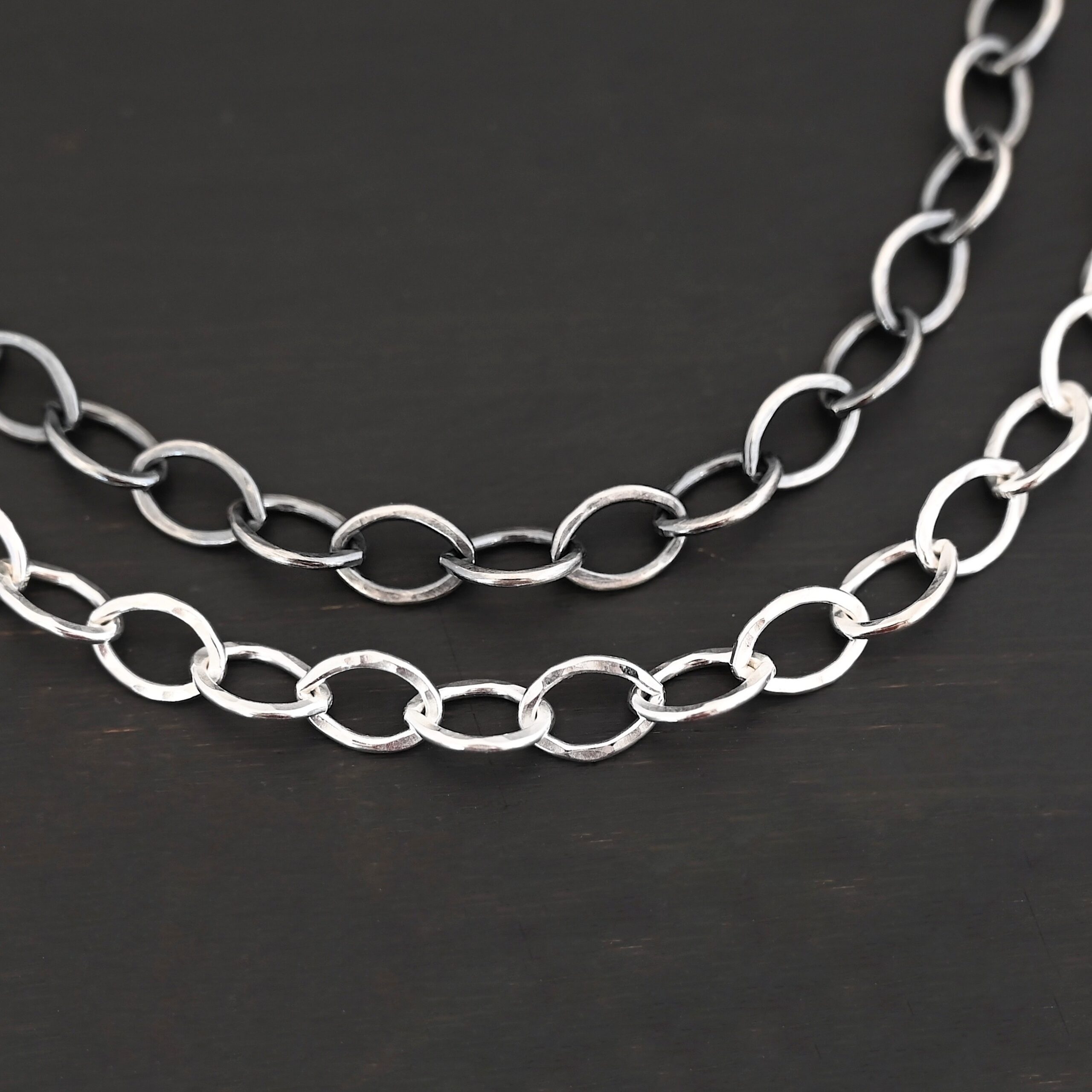 Sterling Silver Sky Chain - shiny & oxidized hammered shown on dark background
