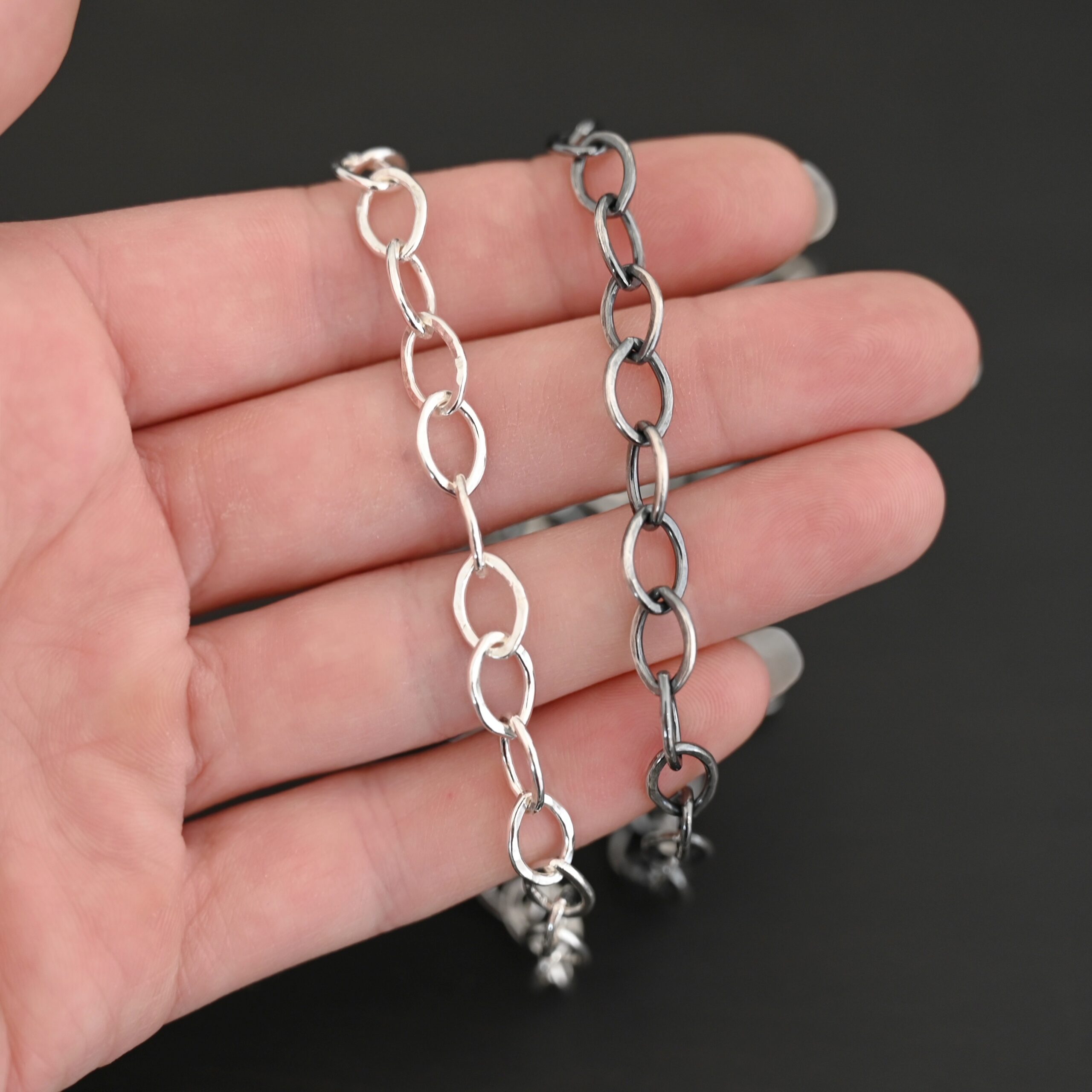 Sterling Silver Sky Chain - shiny & oxidized hammered shown in hand