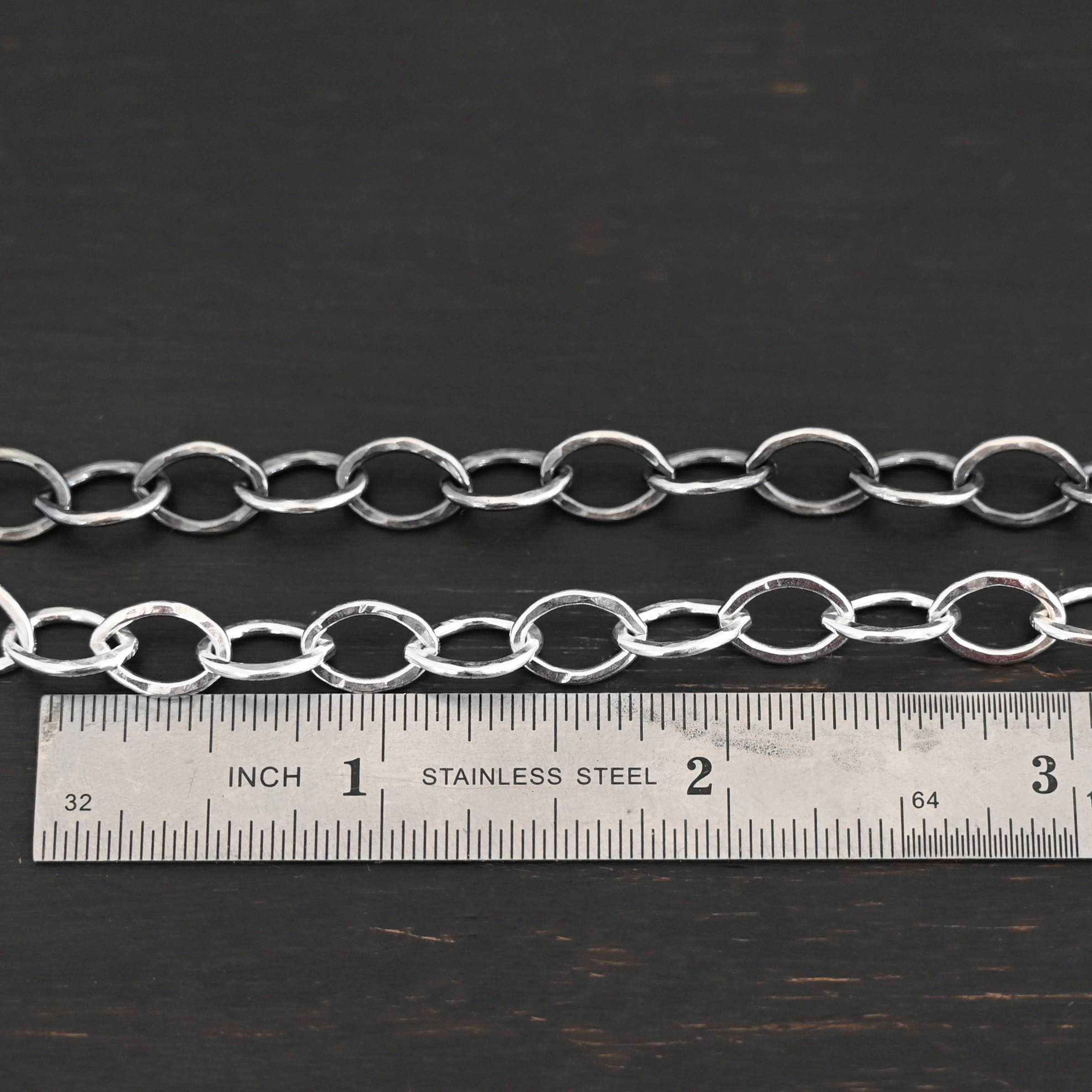 Sterling Silver Sky Chain - shiny & oxidized hammered shown by ruler
