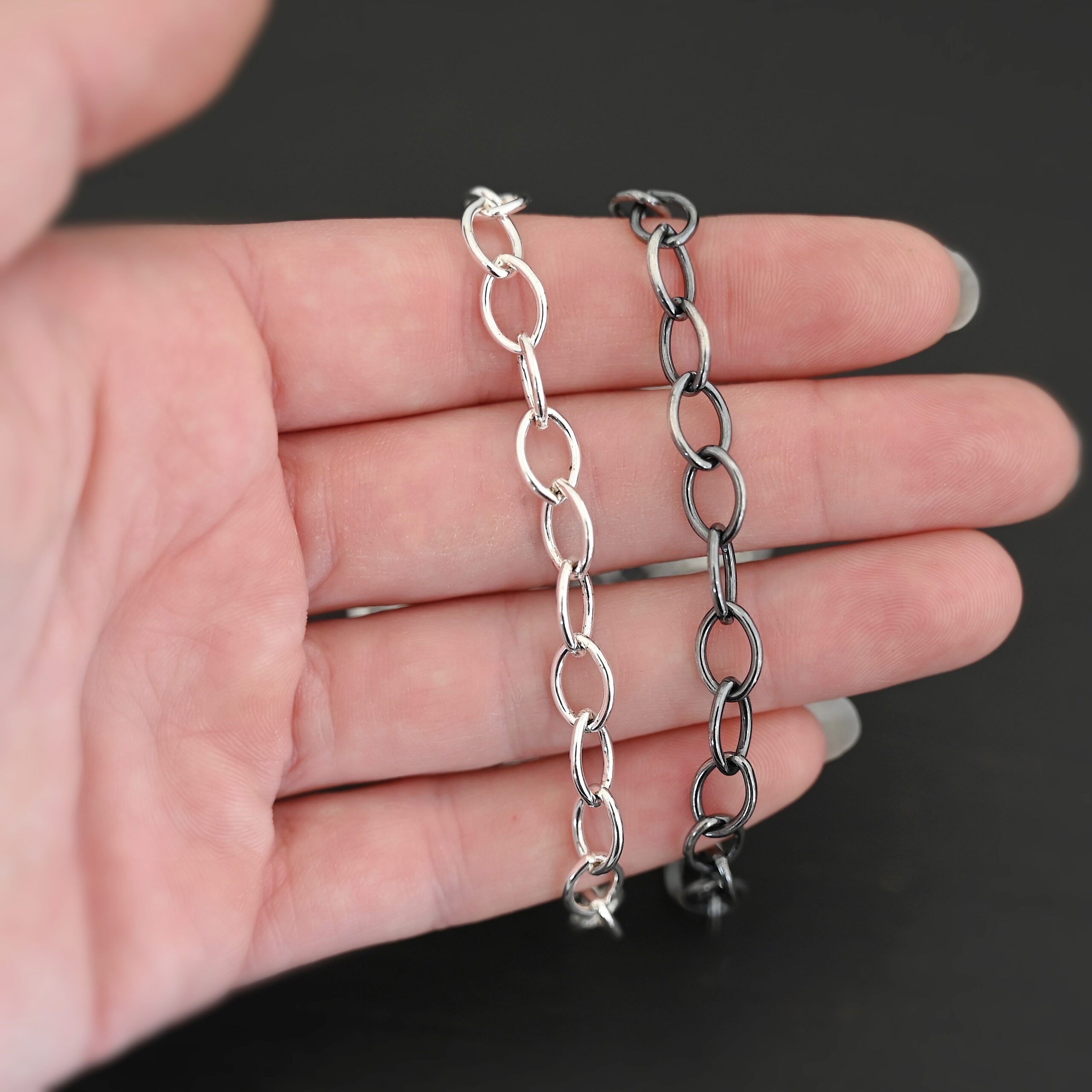 Sterling Silver Sky Chain - shiny & oxidized smooth shown in hand