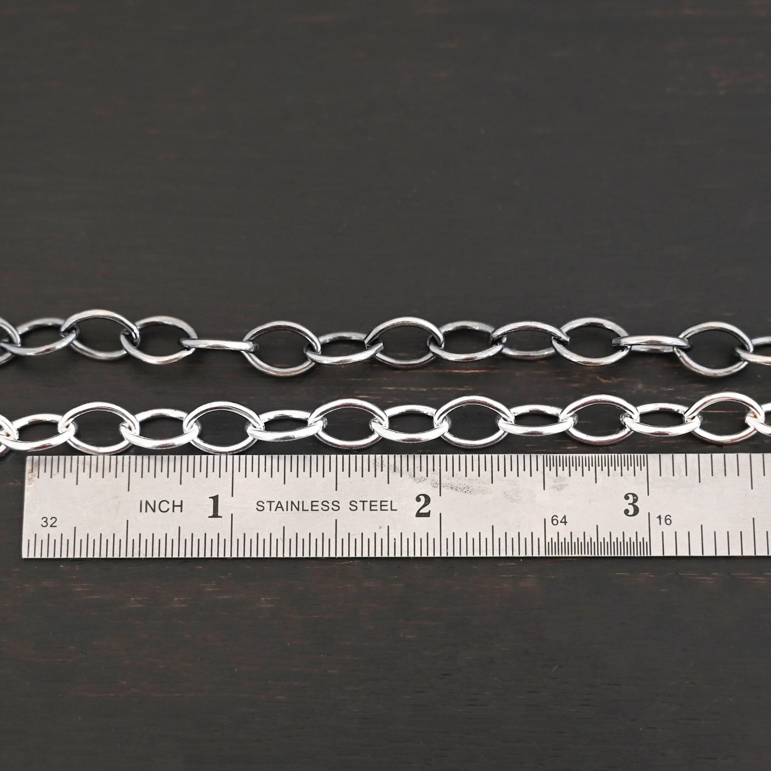 Sterling Silver Sky Chain - shiny & oxidized smooth shown by ruler