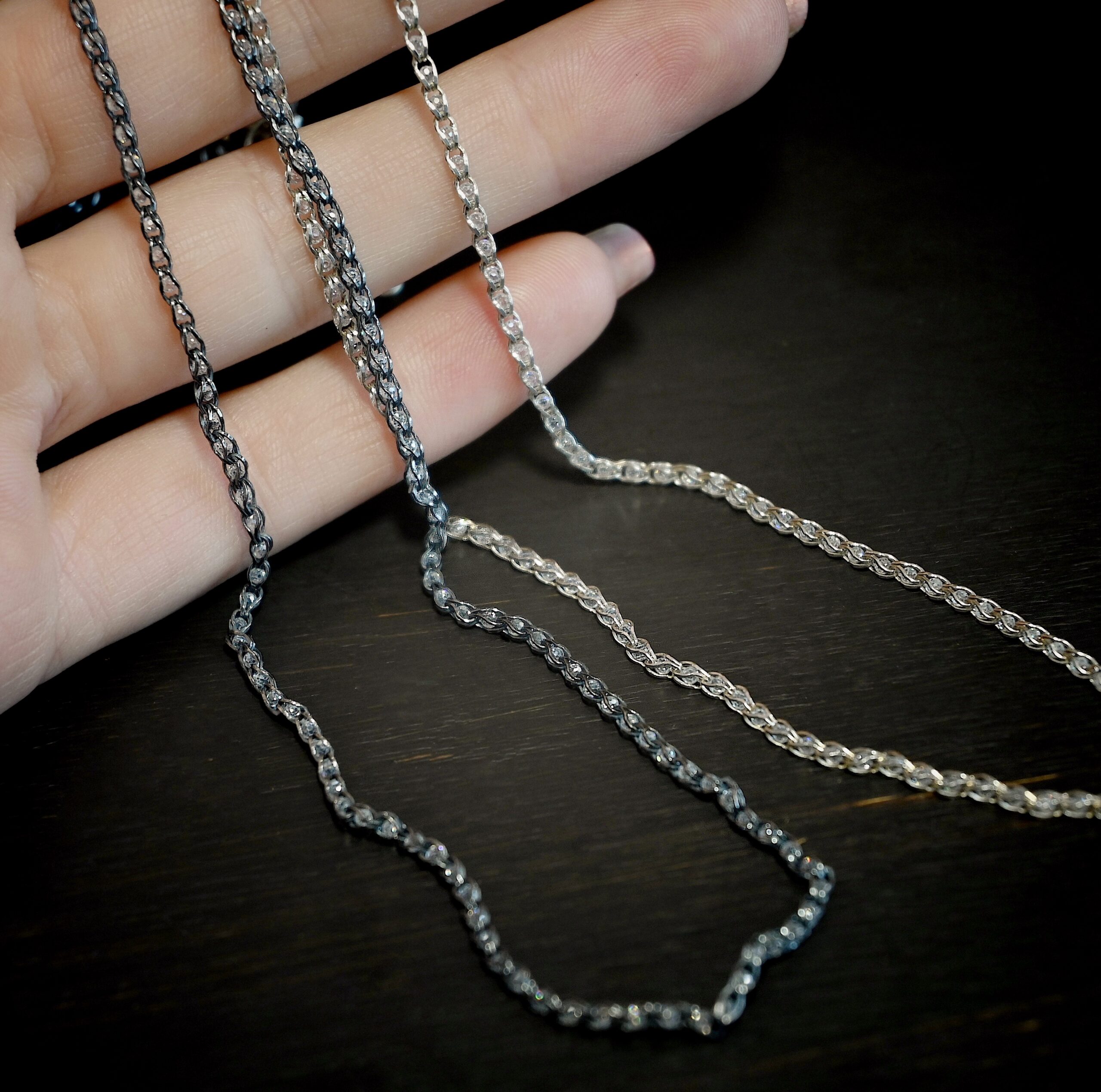 Sterling Silver Scarlett - shiny & oxidized shown in hand