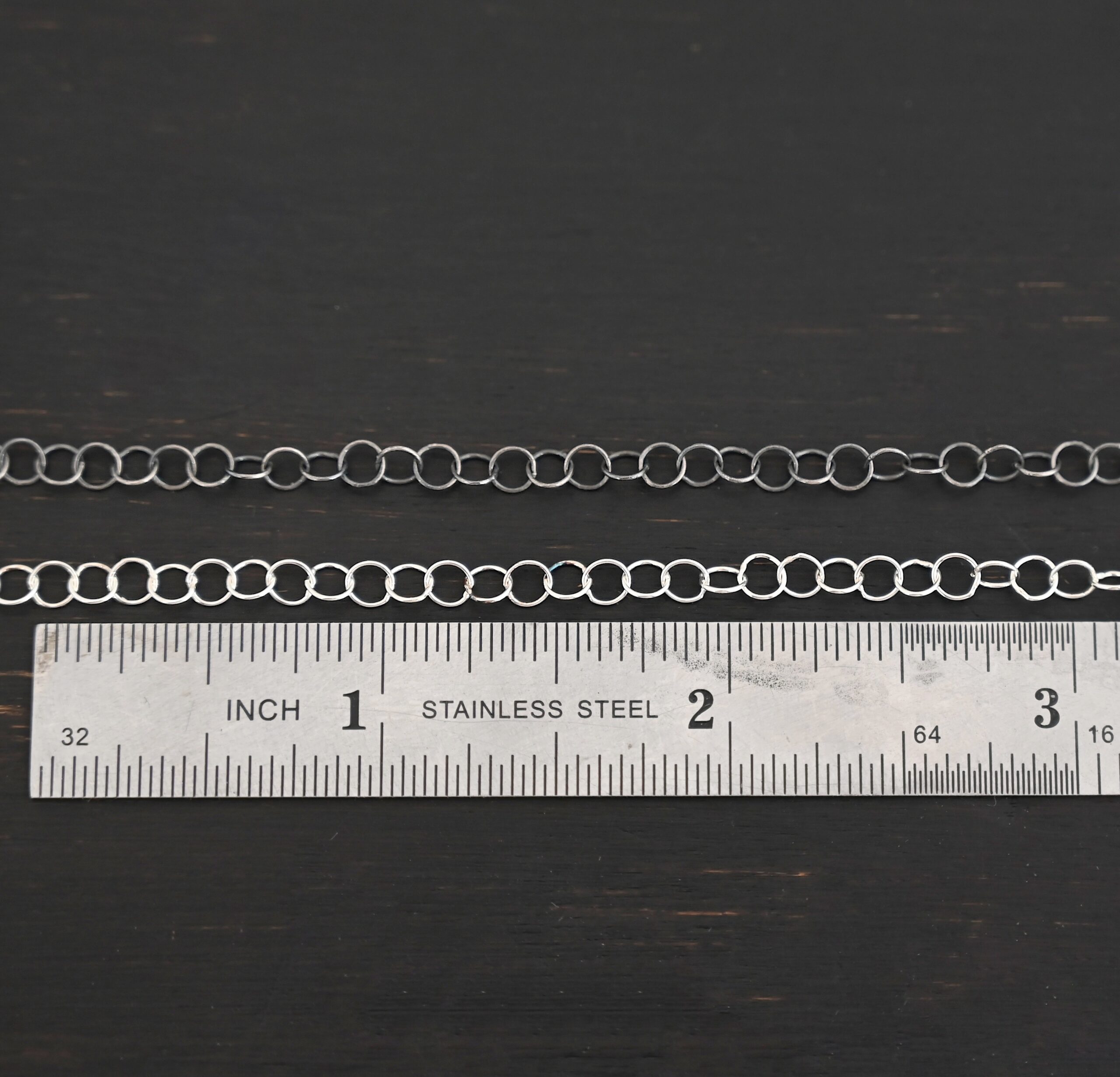 Sterling Silver Round Extension 3.5mm shiny and oxidized shown by ruler