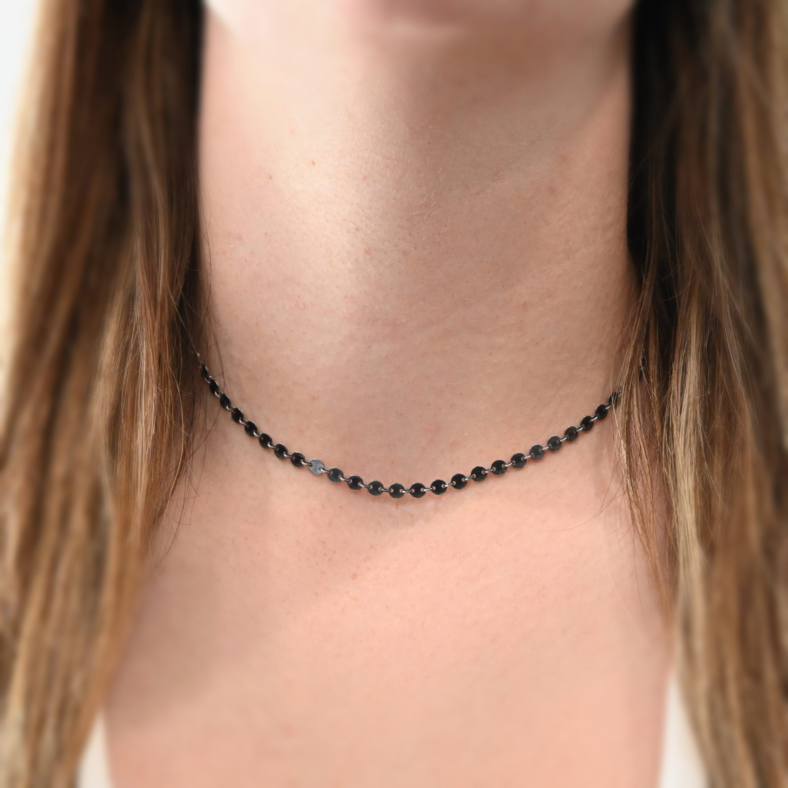 Gypsy Coin Chain - Oxidized Sterling Silver 15-18" shown on model with white shirt and brown hair