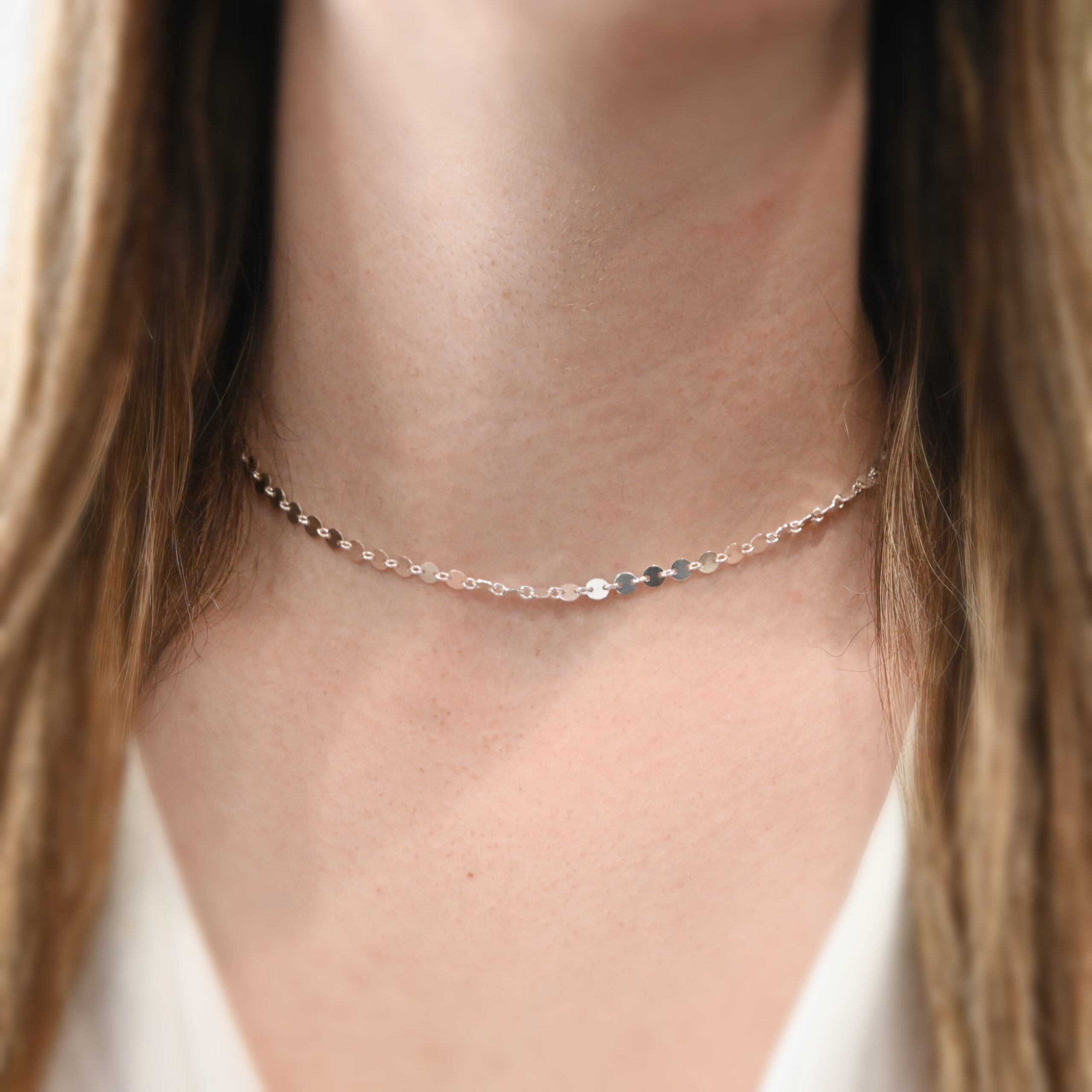 Gypsy Coin Chain - Shiny Sterling Silver 15-18" shown on model with white shirt and brown hair