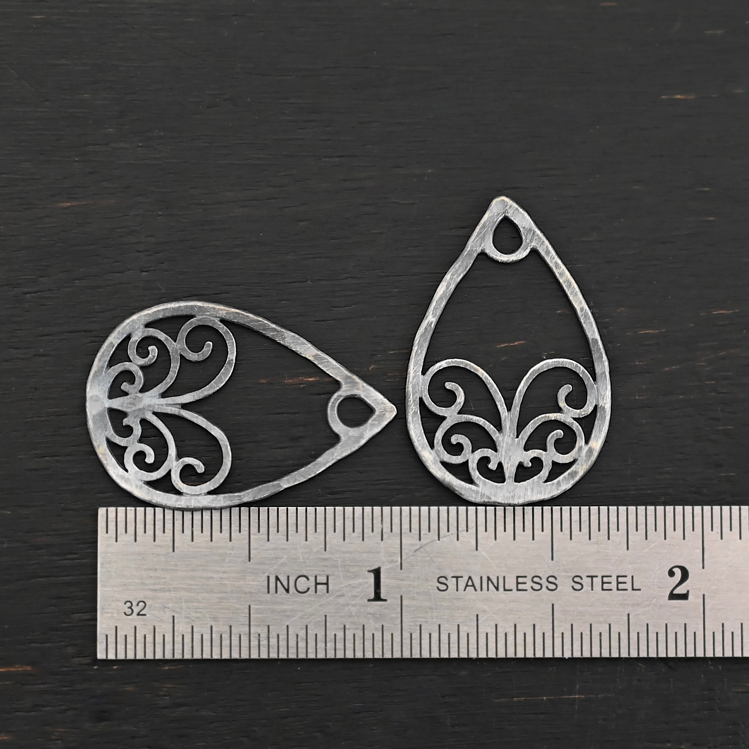 Sterling Silver Tiana Ornate Teardrop Chandelier - oxidized hammered shown by ruler