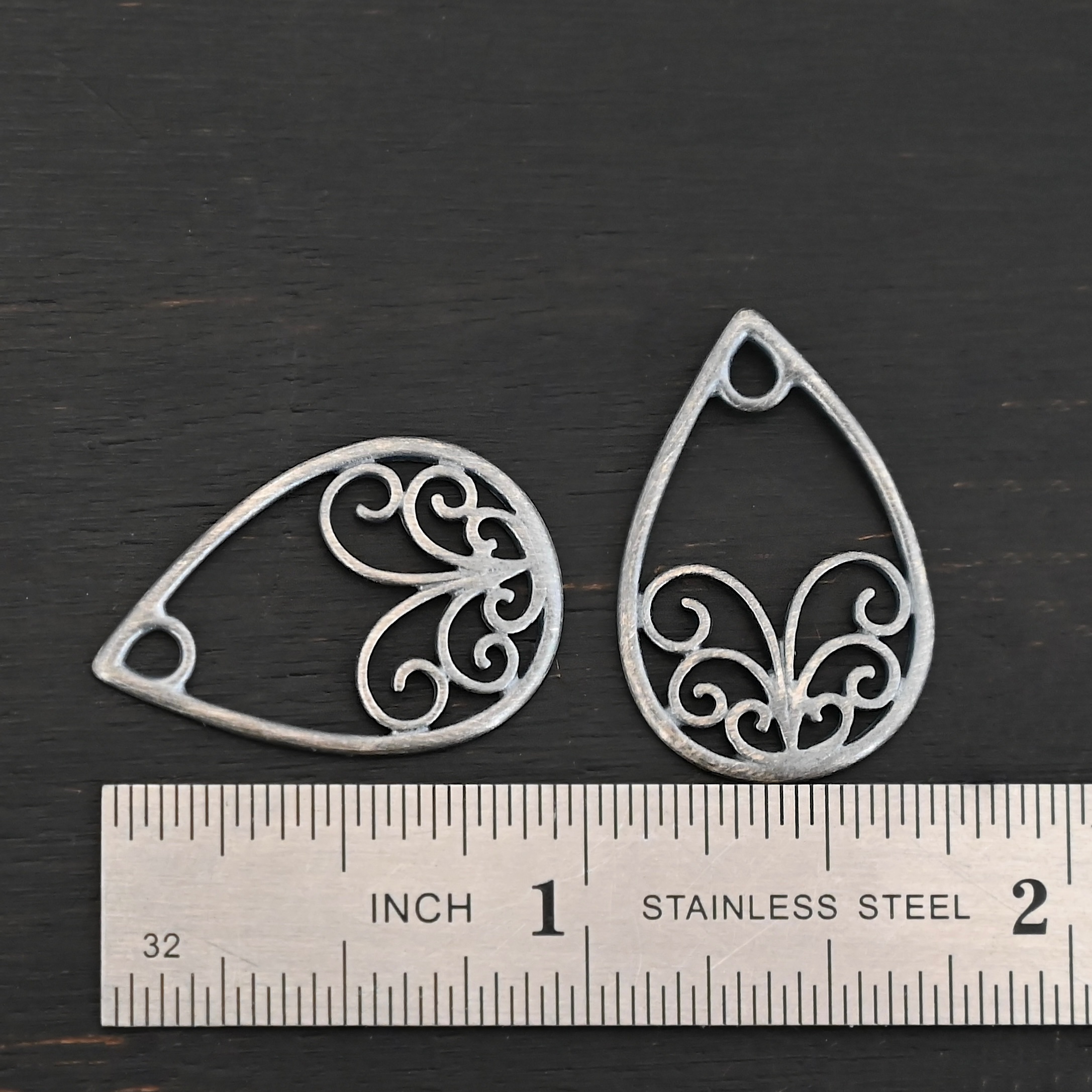 Sterling Silver Tiana Ornate Teardrop Chandelier - oxidized smooth shown by ruler