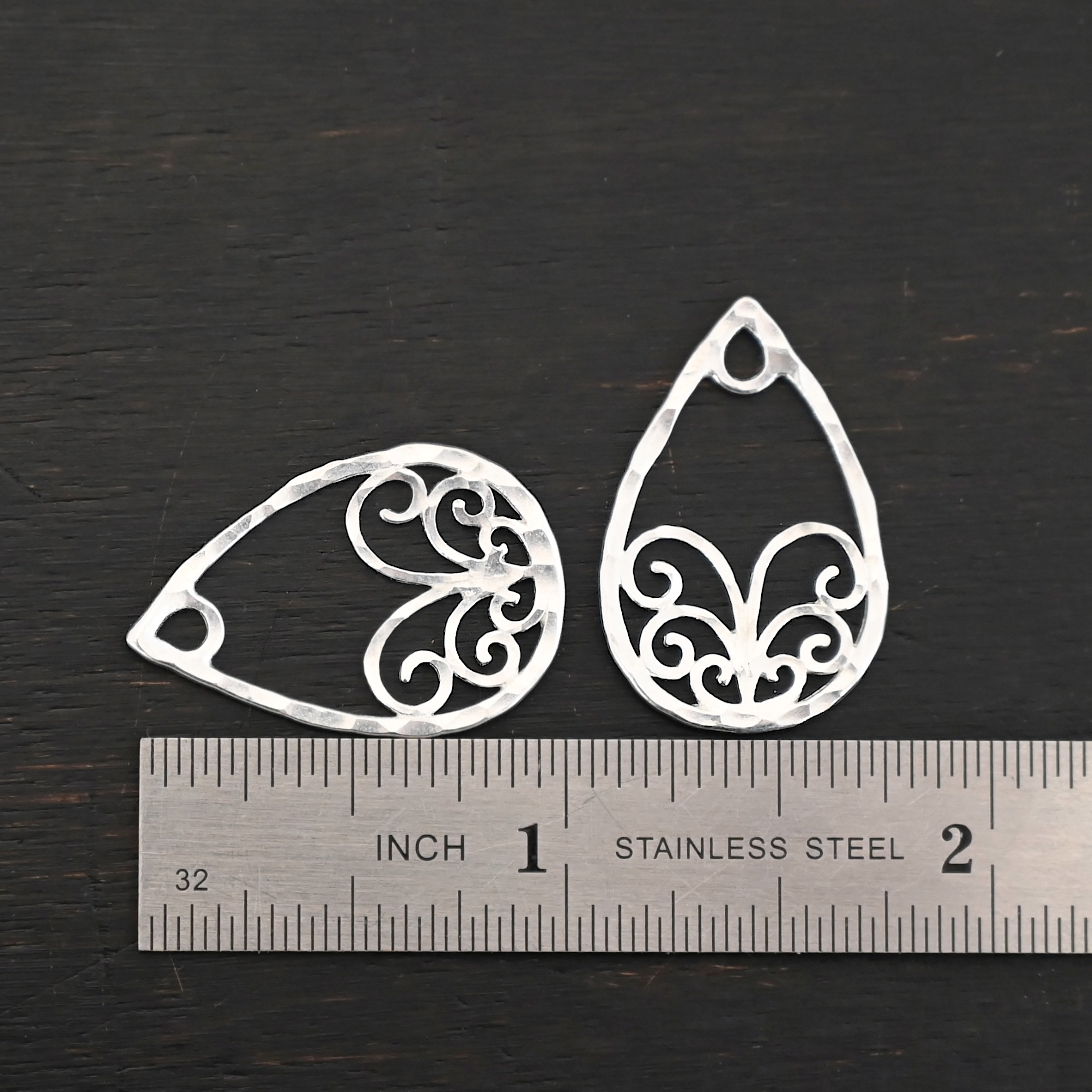 Sterling Silver Tiana Ornate Teardrop Chandelier - shiny hammered shown by ruler