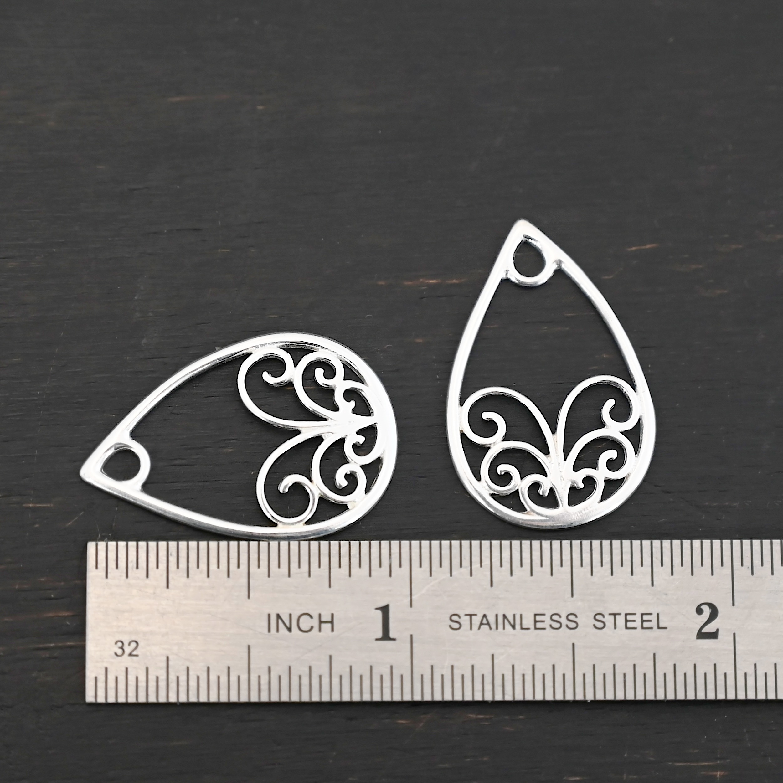 Sterling Silver Tiana Ornate Teardrop Chandelier - shiny smooth shown by ruler