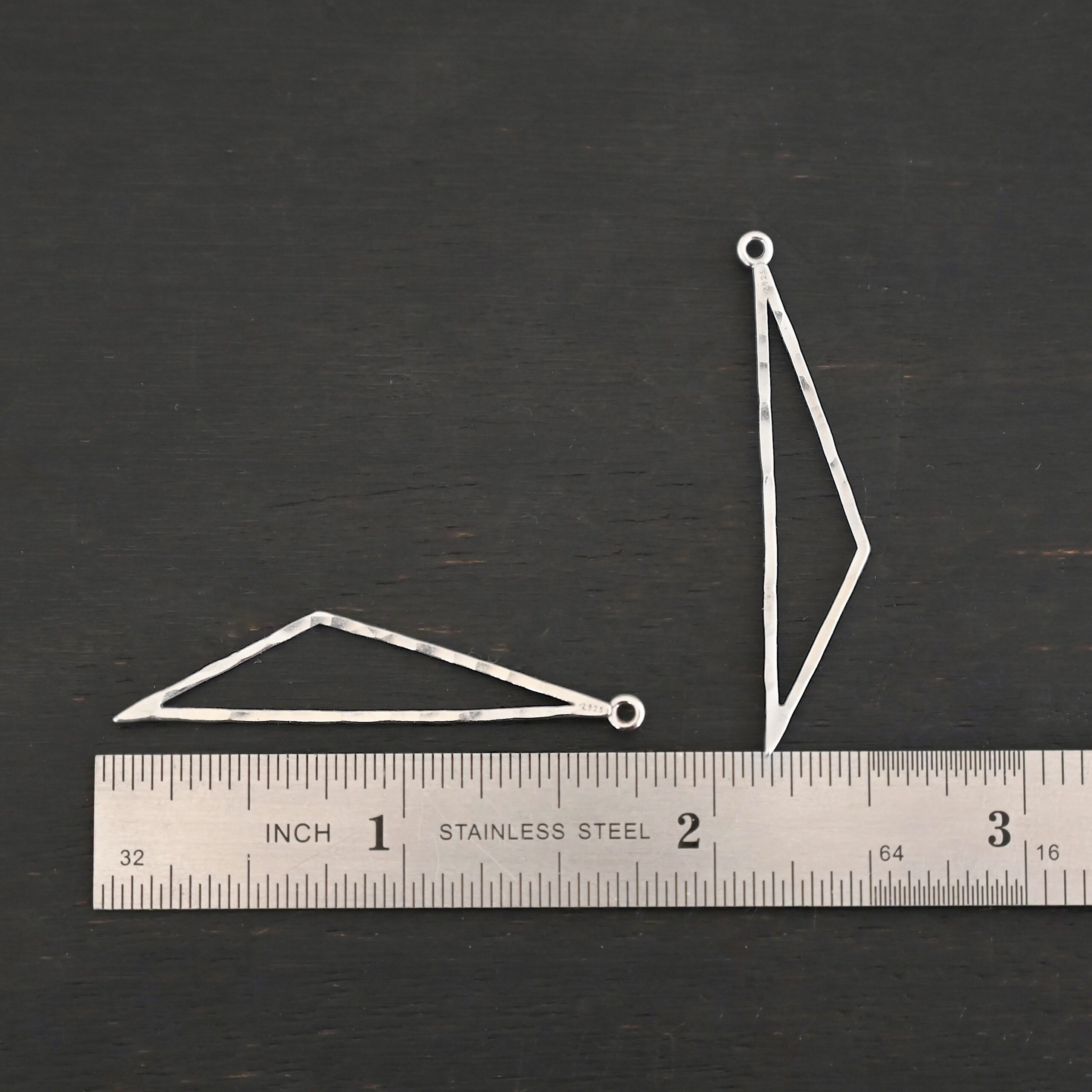 sterling silver Trace Triangle Chandelier 43x8.5mm shiny hammered shown by ruler