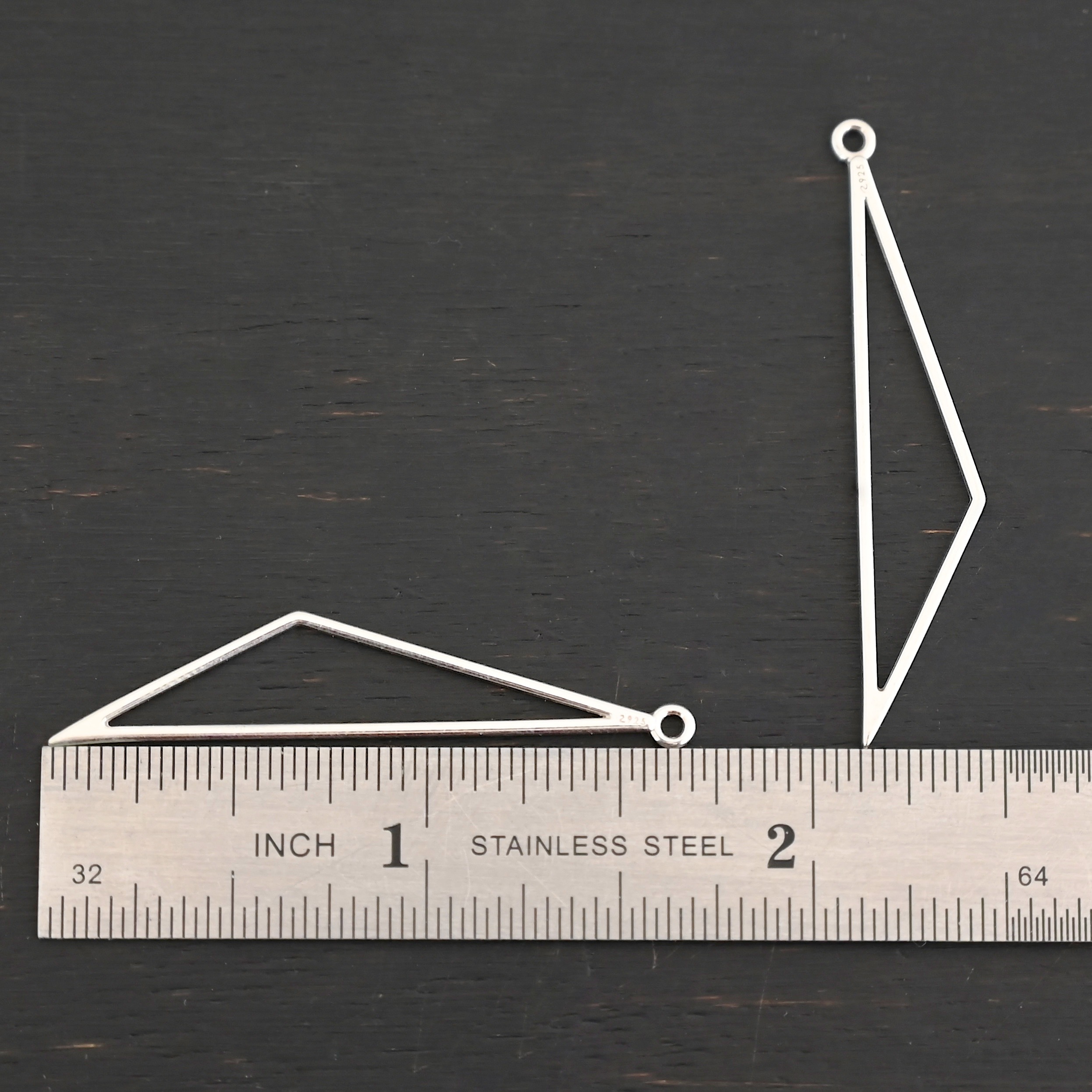 sterling silver Trace Triangle Chandelier 43x8.5mm shiny smooth shown by ruler