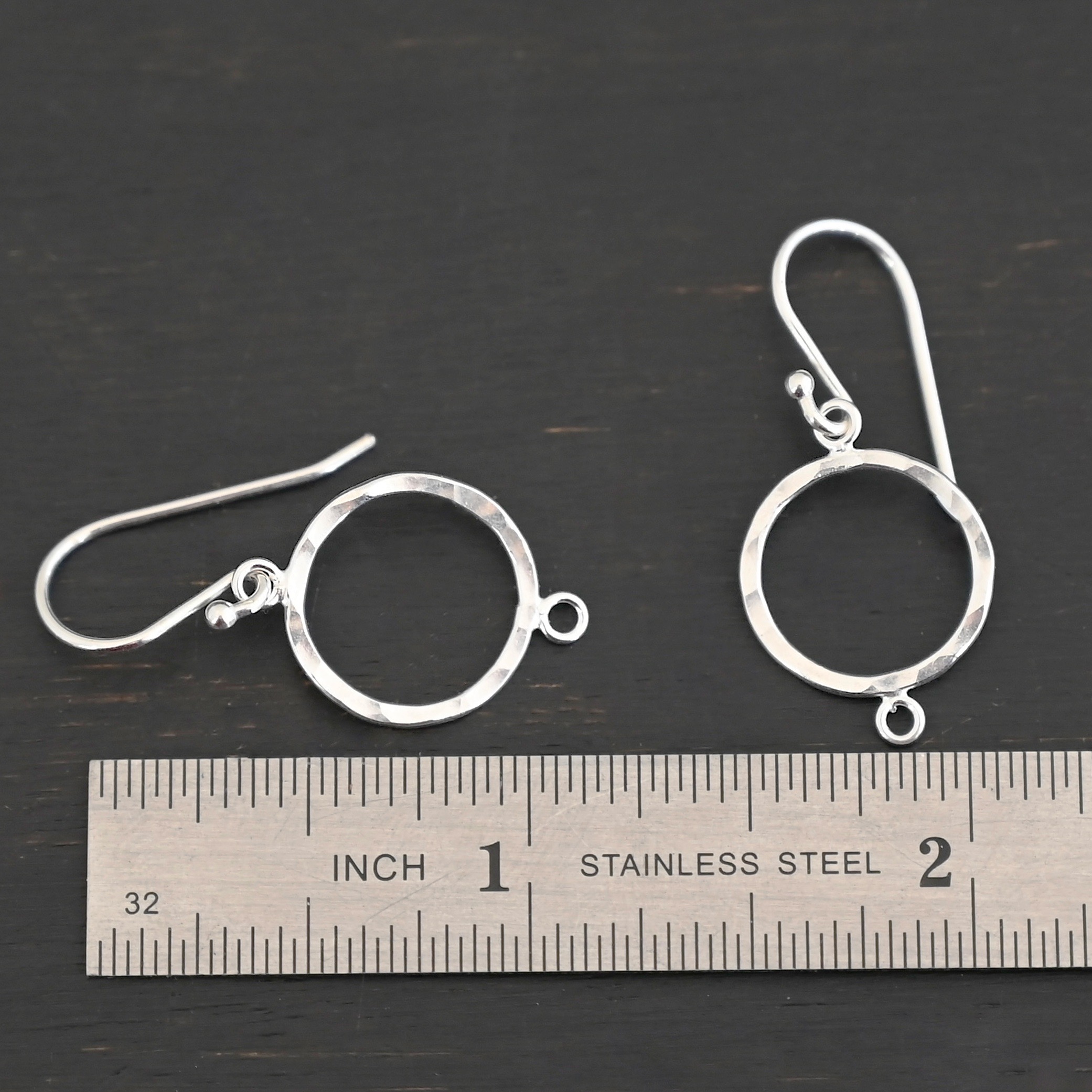 Taylor Round Chandelier shiny hammered with ear wires sterling silver Taylor Round Chandelier shiny hammered with ear wires shown by ruler