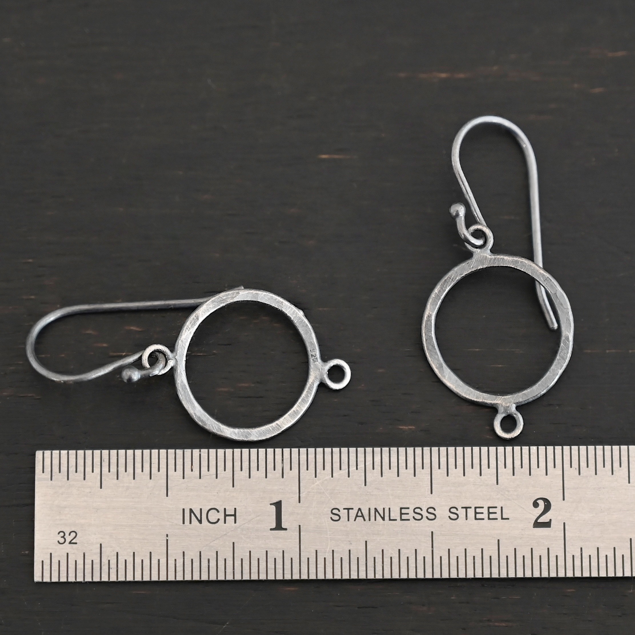 Taylor Round Chandelier oxidized hammered with ear wires sterling silver Taylor Round Chandelier oxidized hammered with ear wires shown by ruler