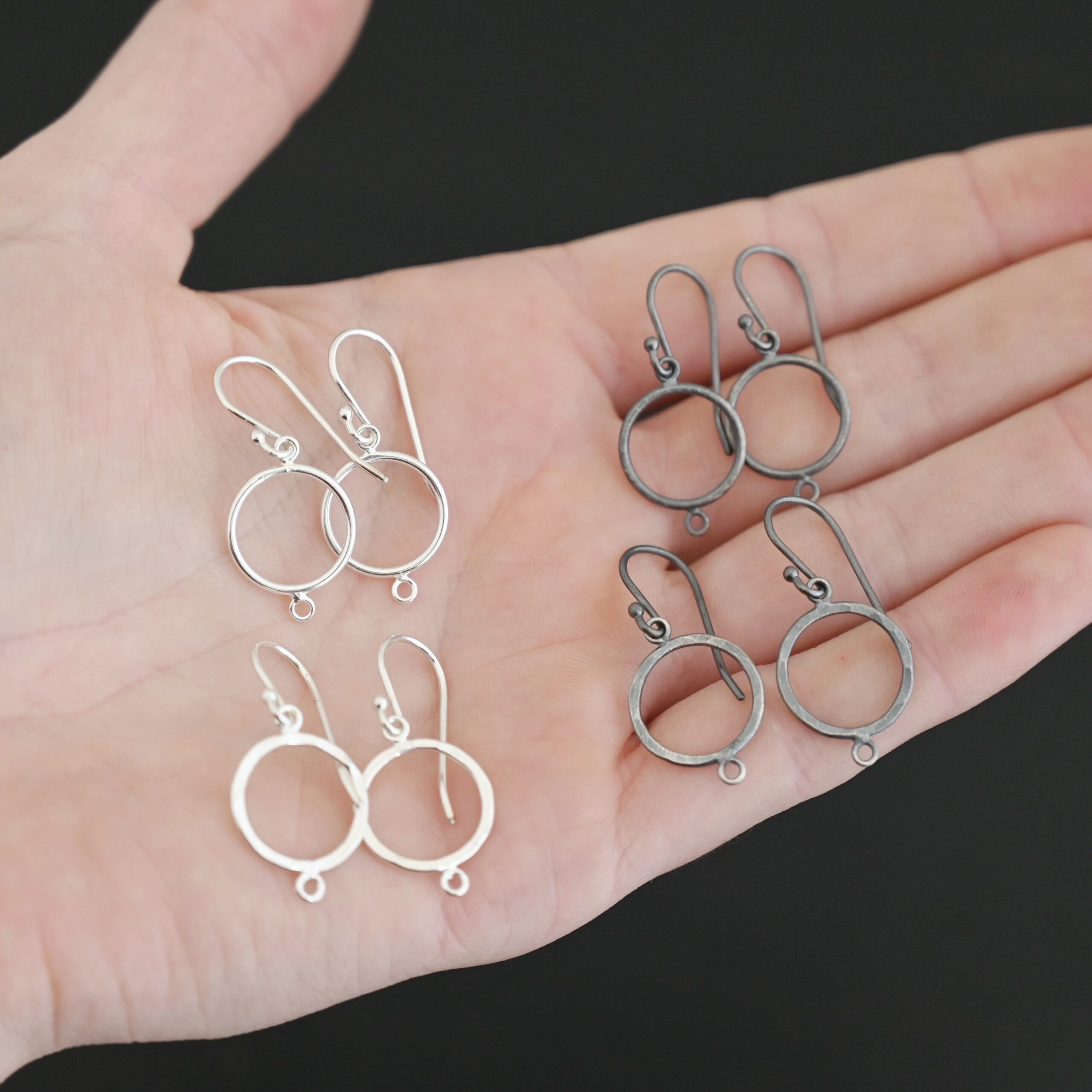 Taylor Round Chandelier with ear wires sterling silver Taylor Round Chandelier oxidized and shiny smooth and hammered with ear wires shown in hand