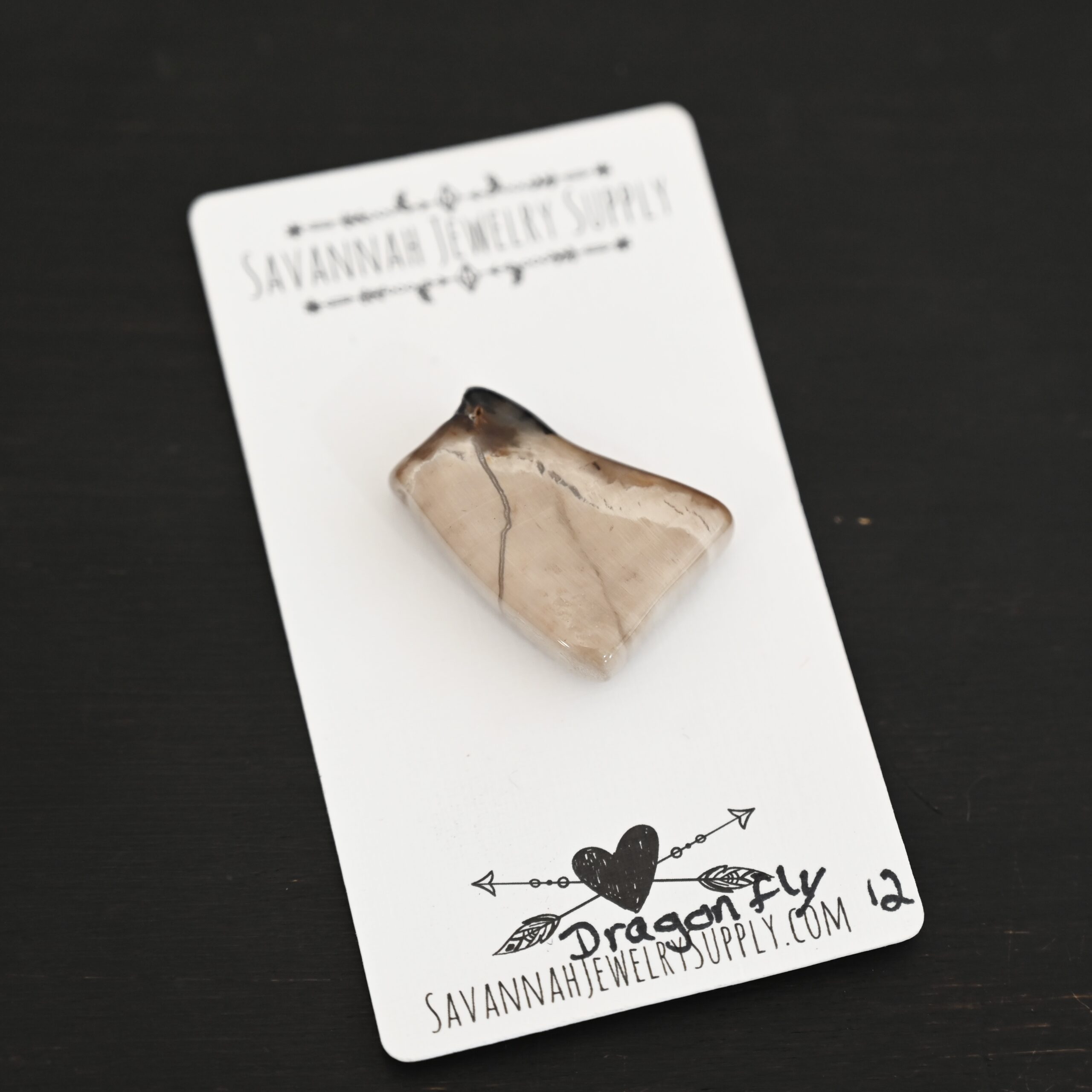 Dragonfly Fossilized Wood Cabochon shown on business card