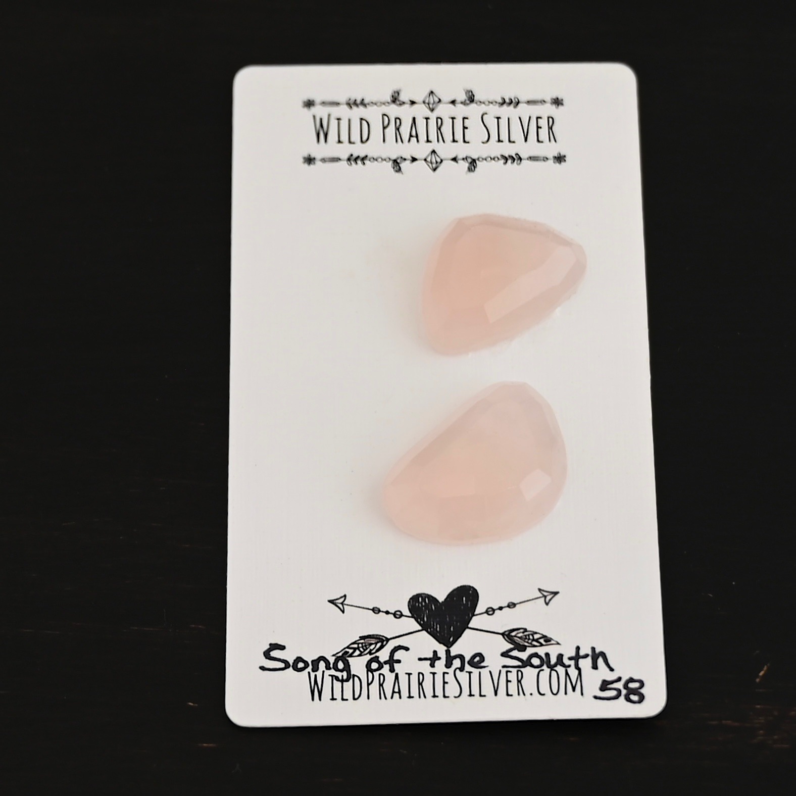 Song of the South Rose Cut Rose Quartz Cabochon Parcel shown on business card