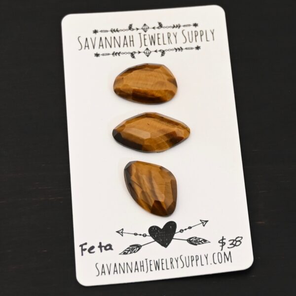 Feta Rosecut Tiger Eye Cabochon Parcel shown on business card