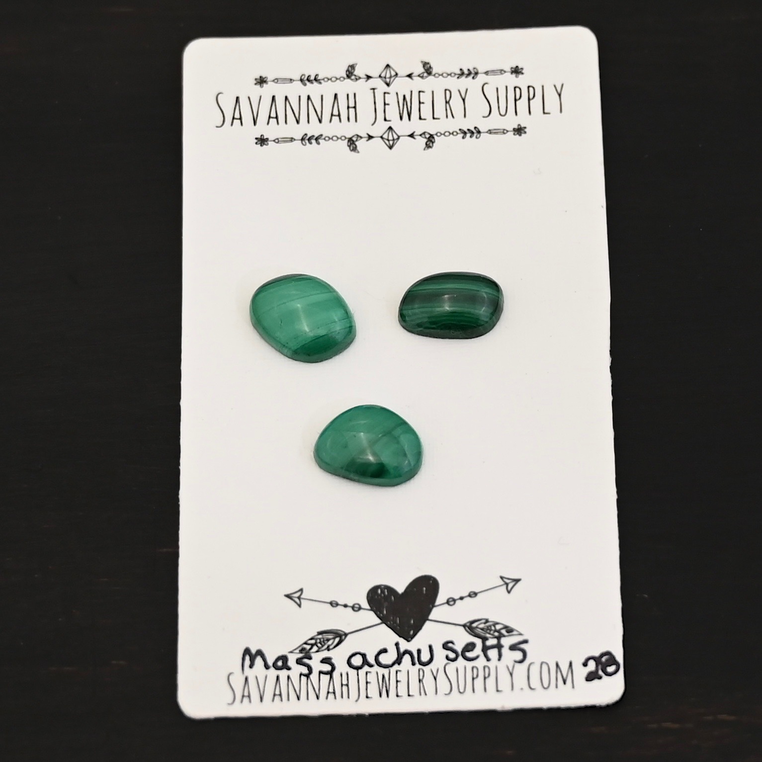 Massachusetts Malachite Cabochon Parcel shown on business card