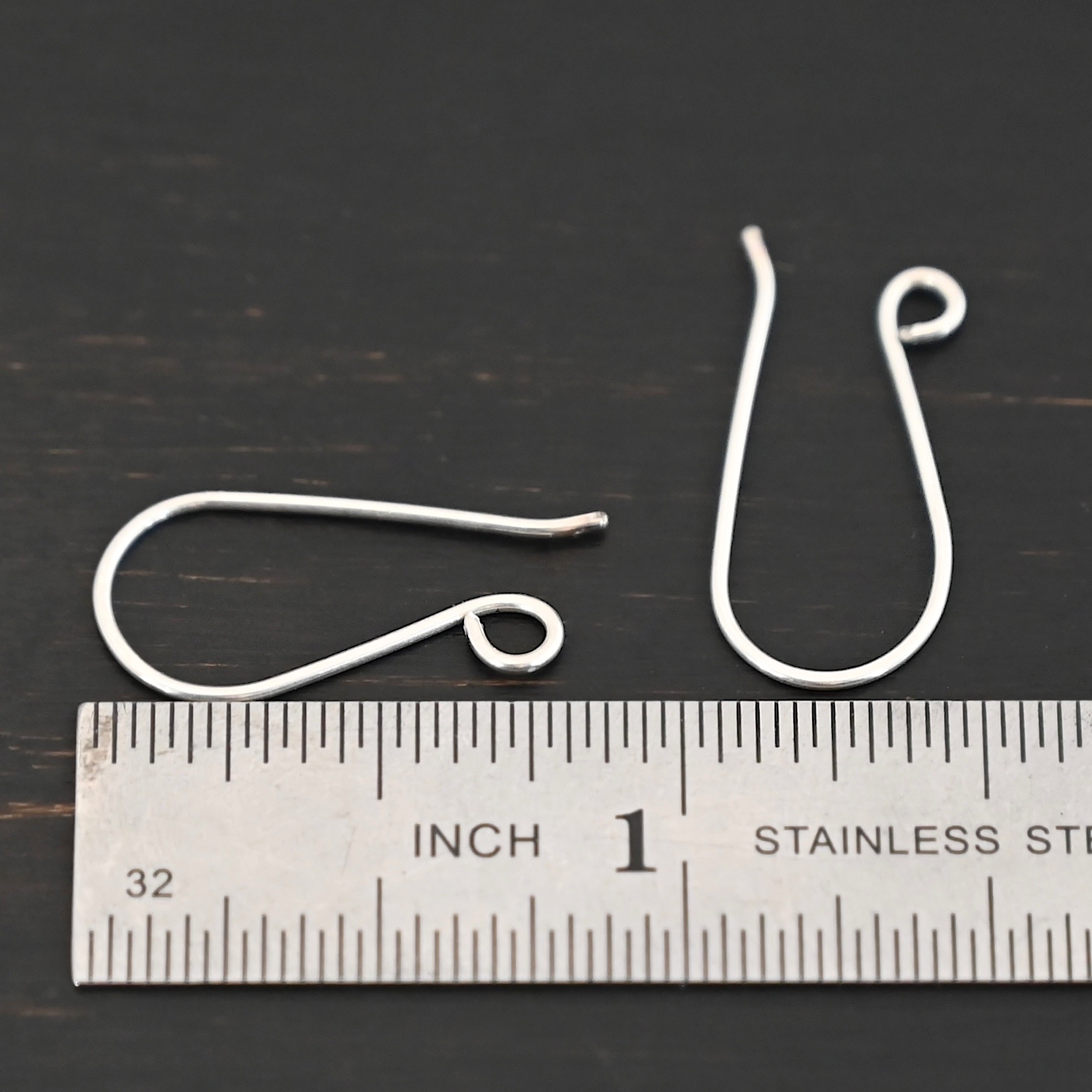 Sterling Silver Wanda Ear Wires - shiny shown by ruler