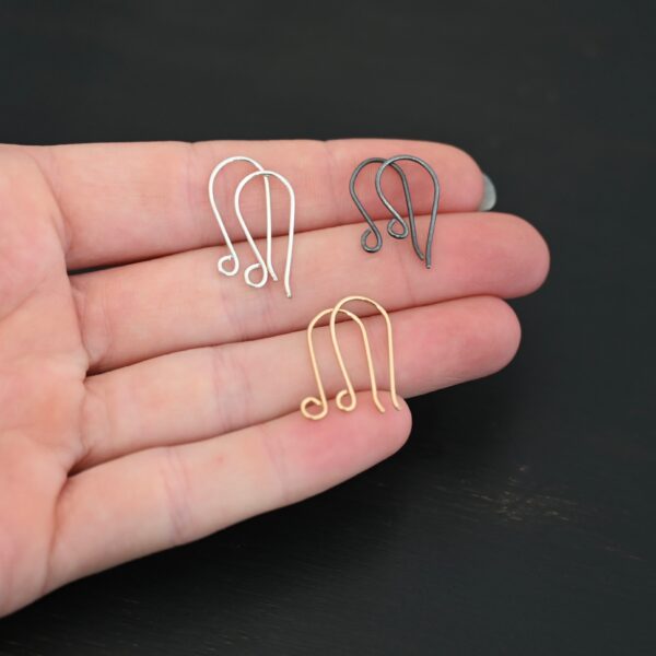 Wanda Ear Wires - shiny silver, oxidized silver, and gold filled shown on dark background