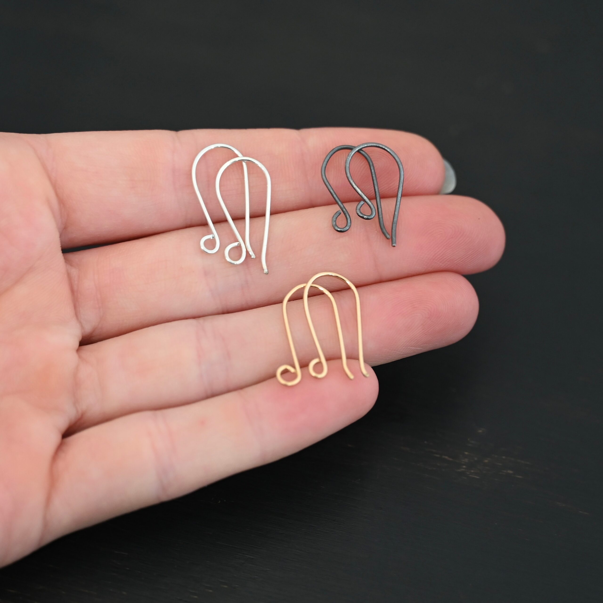 Wanda Ear Wires - shiny silver, oxidized silver, and gold filled shown on dark background