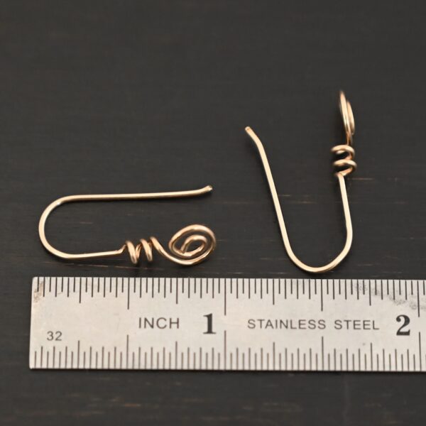 14k gold filled Willow Ear Wires - shown by ruler