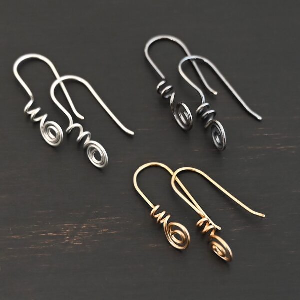 Willow Ear Wires - shiny sterling silver, oxidized sterling silver, & 14k gold filled shown on dark background