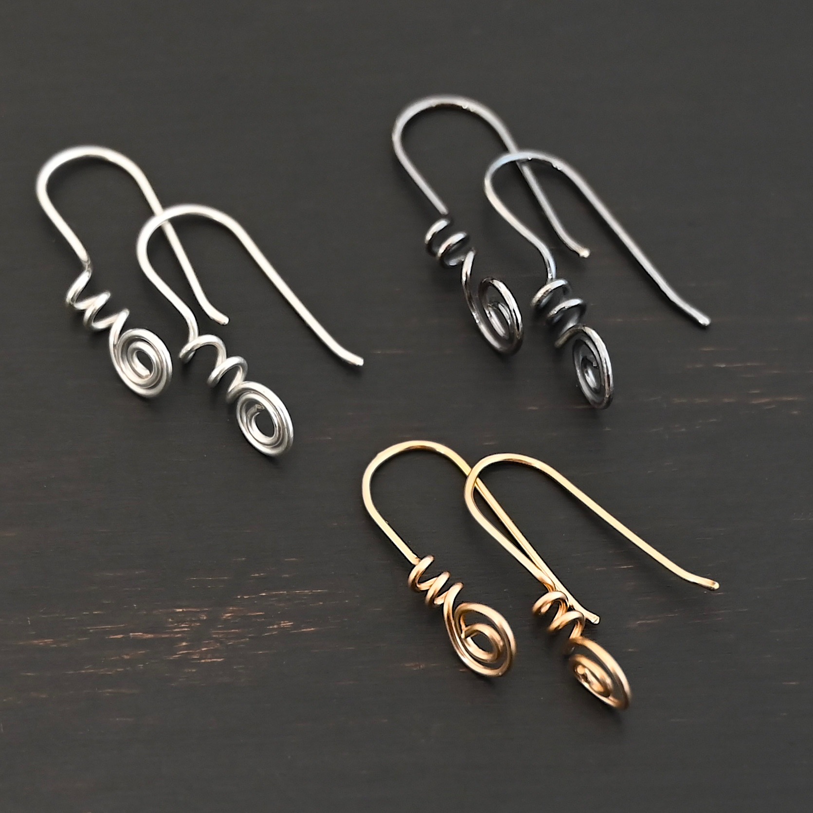 Willow Ear Wires Willow Ear Wires - shiny sterling silver, oxidized sterling silver, & 14k gold filled shown on dark background