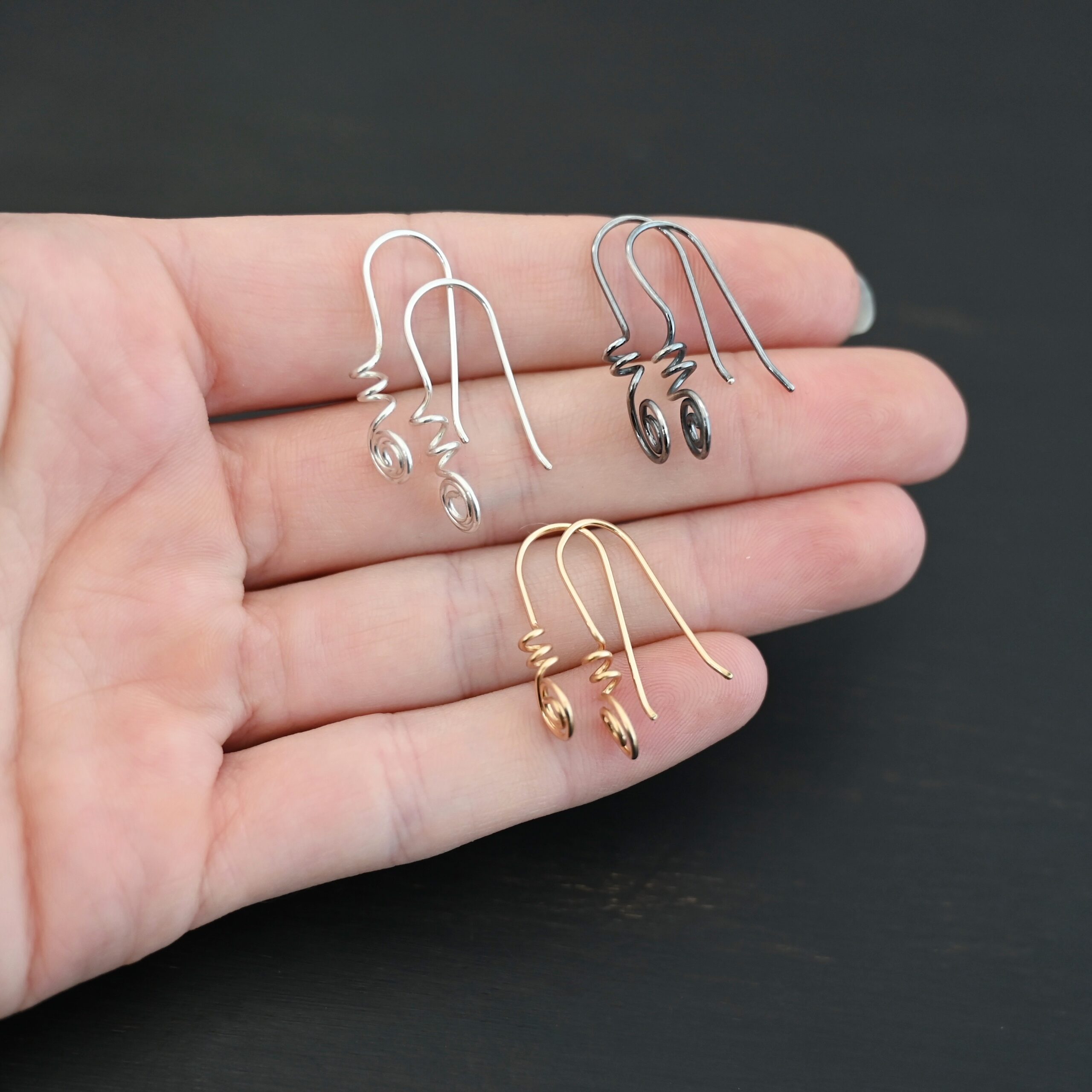 Willow Ear Wires Willow Ear Wires - shiny sterling silver, oxidized sterling silver, & 14k gold filled shown in hand
