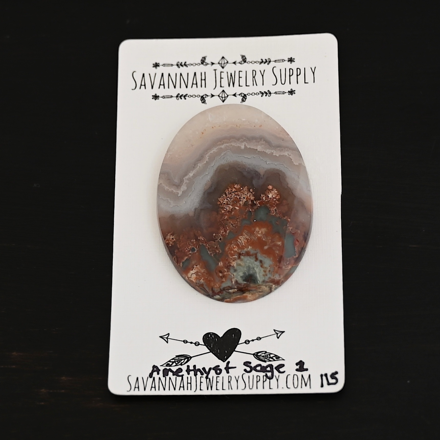 Amethyst Sage Cabochon #1 shown on business card