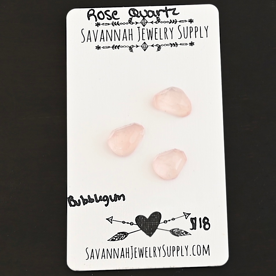 Bubblegum Rose Cut Rose Quartz Cabochon Parcel shown on business card