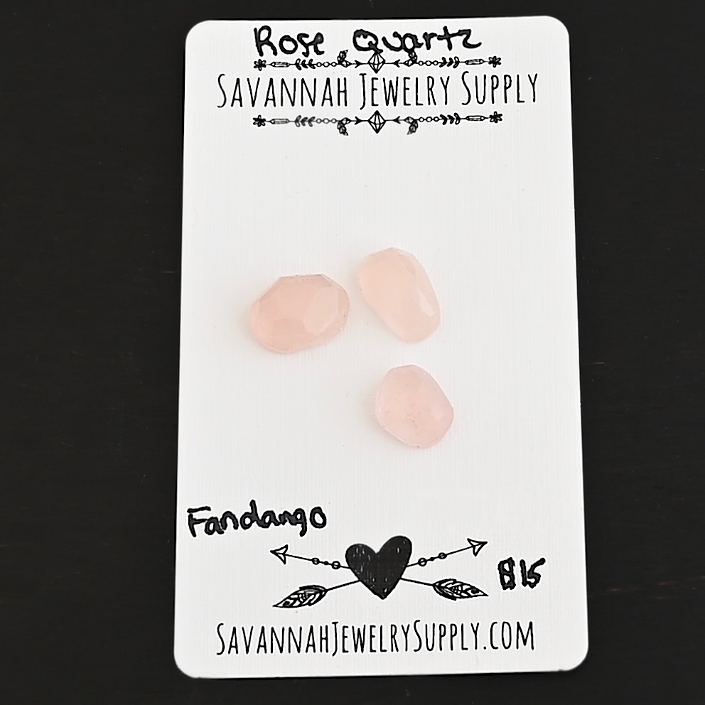 Fandango Rose Cut Rose Quartz Cabochon Parcel shown on business card