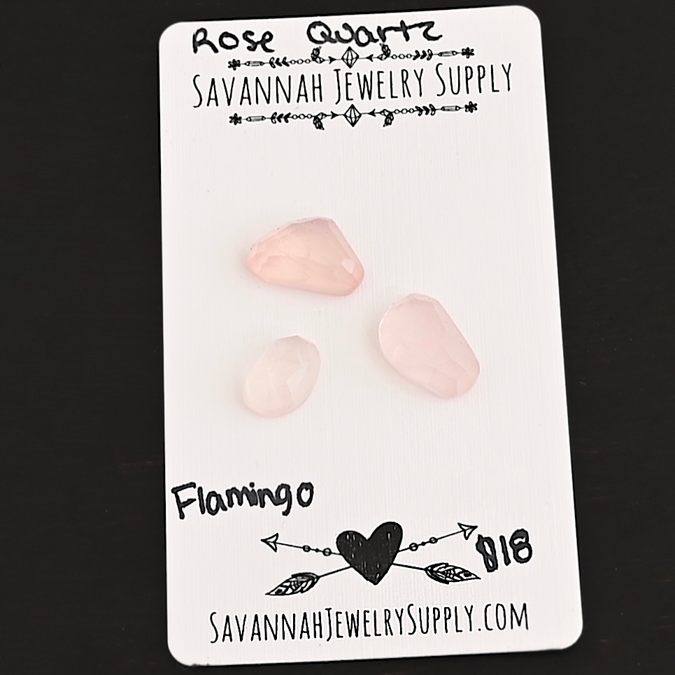 Flamingo Rose Cut Rose Quartz Cabochon Parcel shown on business card