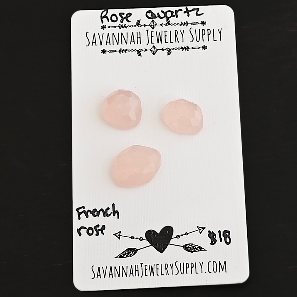 French Rose Rose Cut Rose Quartz Cabochon Parcel shown on business card