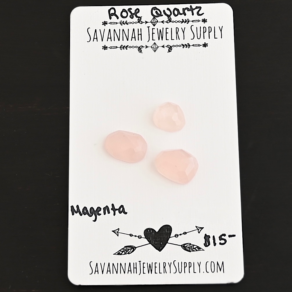 Magenta Rose Cut Rose Quartz Cabochon Parcel shown on business card
