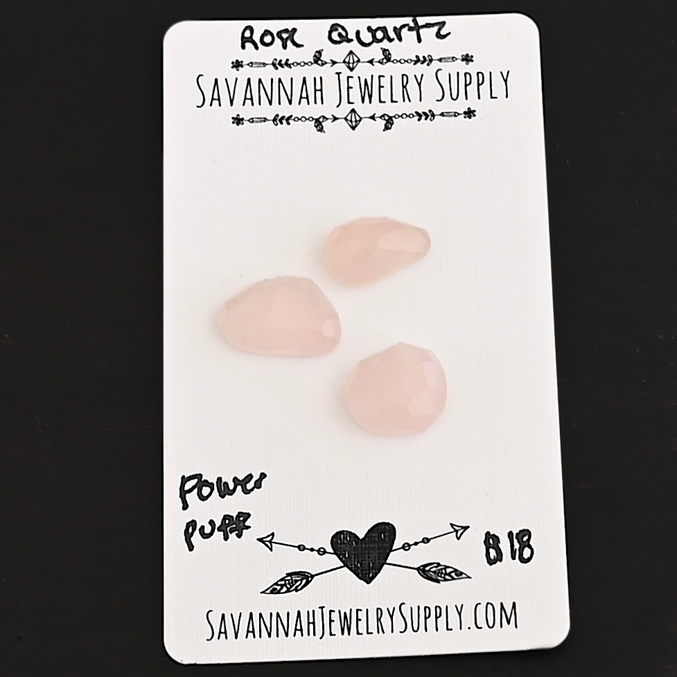 Power Puff Rose Cut Rose Quartz Cabochon Parcel shown on business card