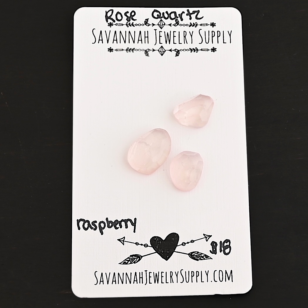 Raspberry Rose Cut Rose Quartz Cabochon Parcel shown on business card