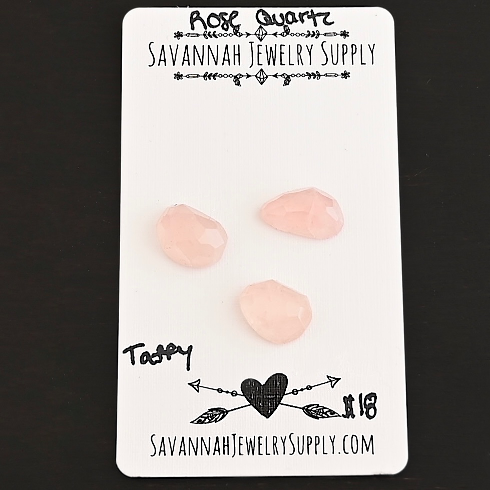 Taffy Rose Cut Rose Quartz Cabochon Parcel shown on business card