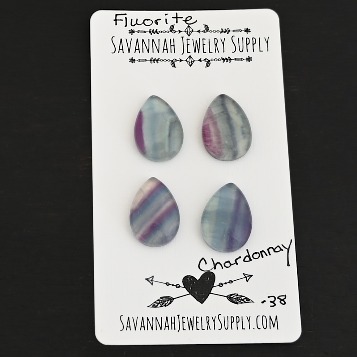 Chardonnay Fluorite Cabochon Parcel shown on business card