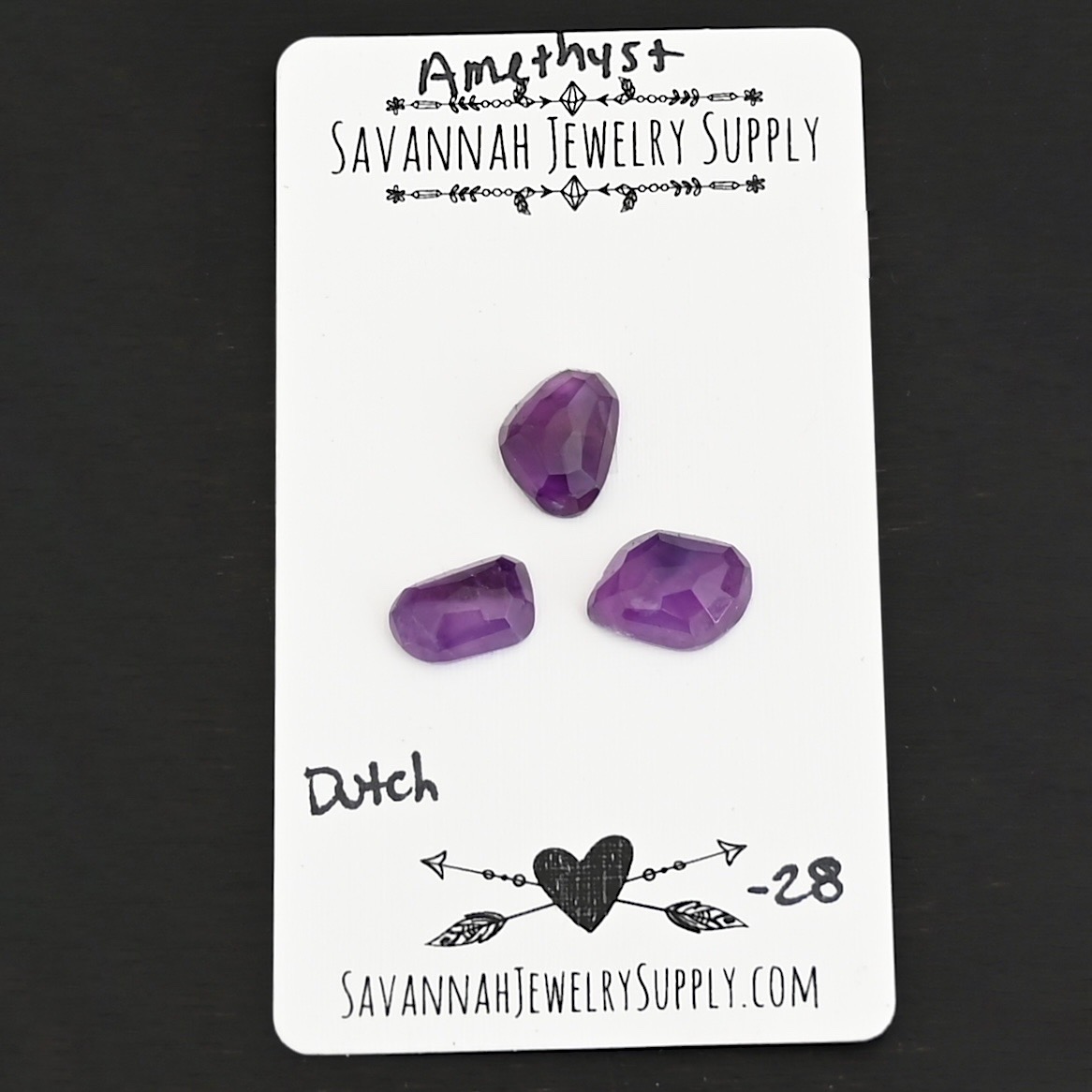 Dutch Rose Cut Amethyst Cabochon Parcel shown on business card