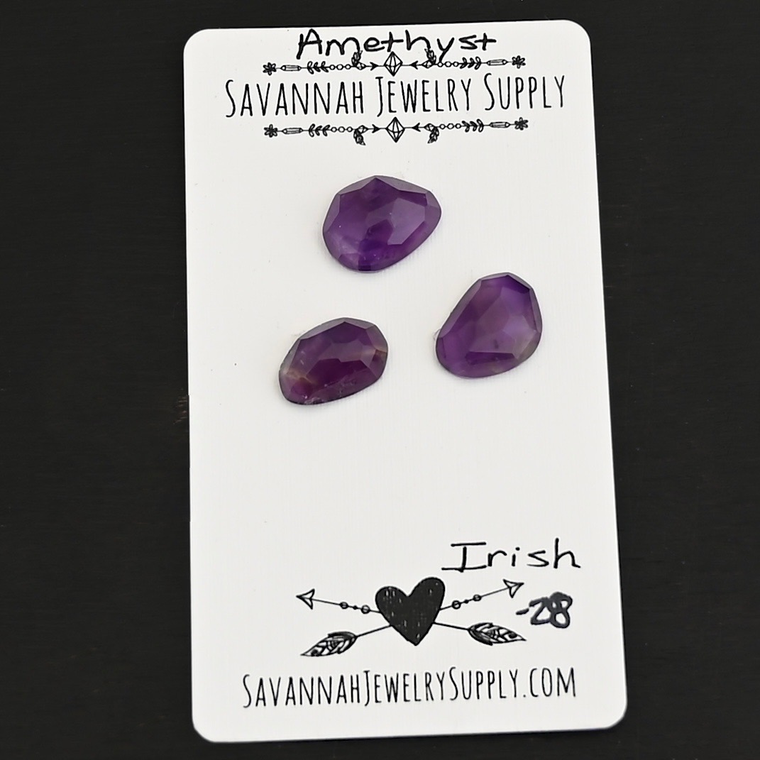Icelandic Rose Cut Amethyst Cabochon Parcel shown on business card
