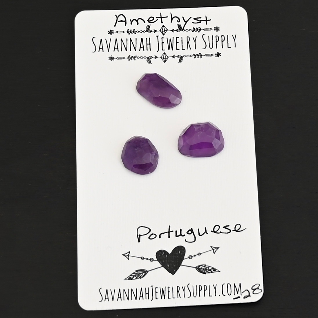 Portuguese Rose Cut Amethyst Cabochon Parcel shown on business card
