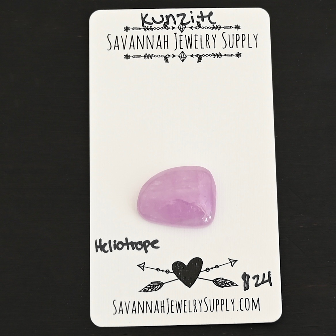 Heliotrope Kunzite Cabochon Parcel shown on business card