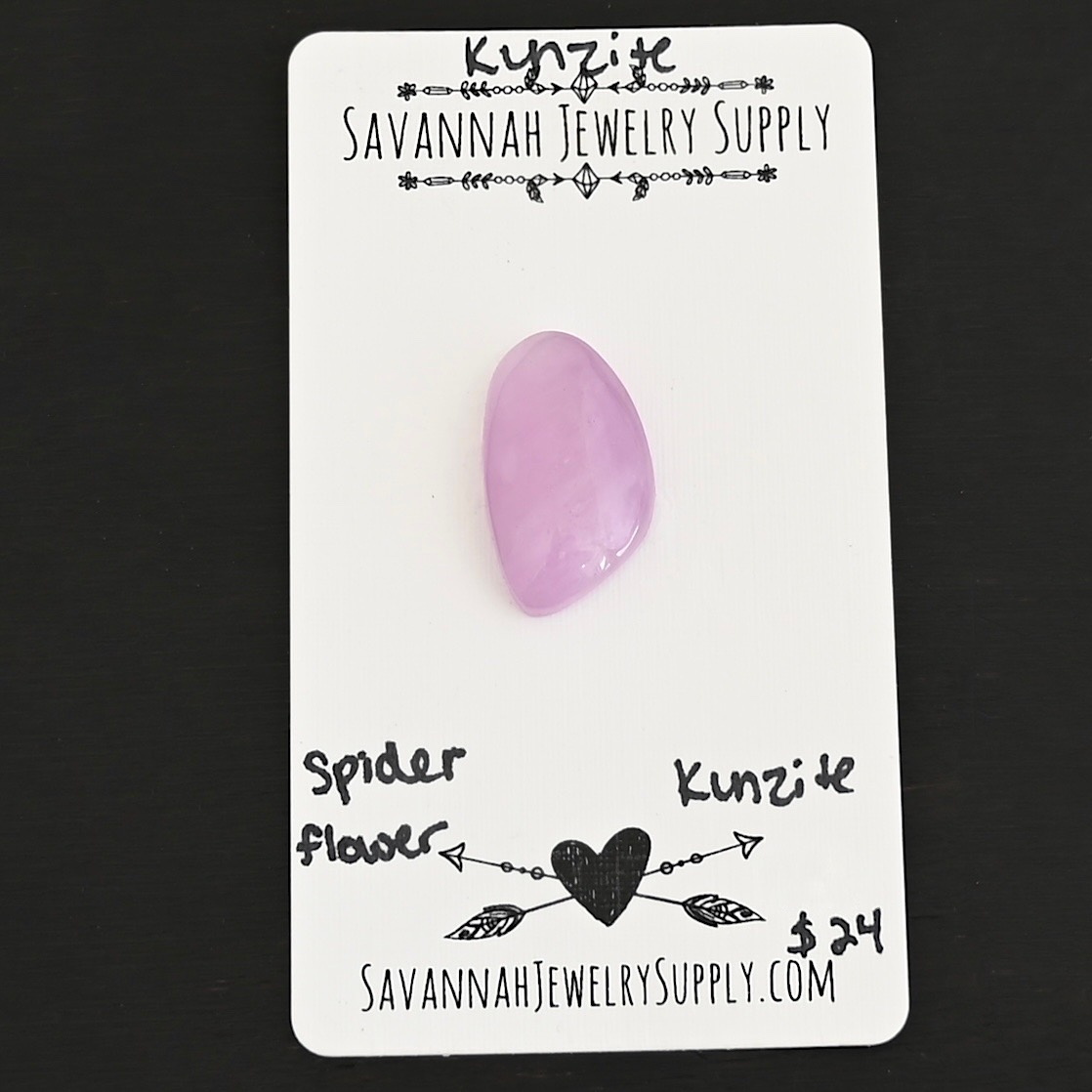 Spider Flower Kunzite Cabochon Parcel shown on business card