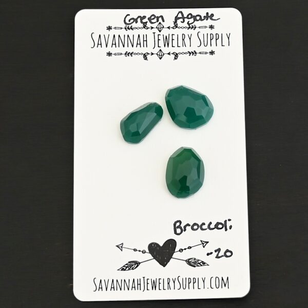 Broccoli Rose Cut Green Agate Cabochon Parcel shown on business card